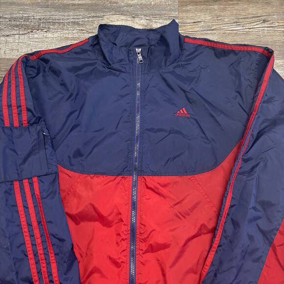 Vintage Adidas Jacket Navy Maroon Mens XL Full Zip Windbreaker Track 90s Nylon - Picture 2 of 11
